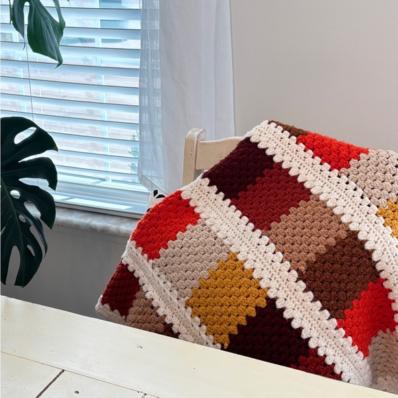 Crochet Throw Blanket Afghan 49”X49” Handmade Creme Brown Orange - Picture 5 of 6